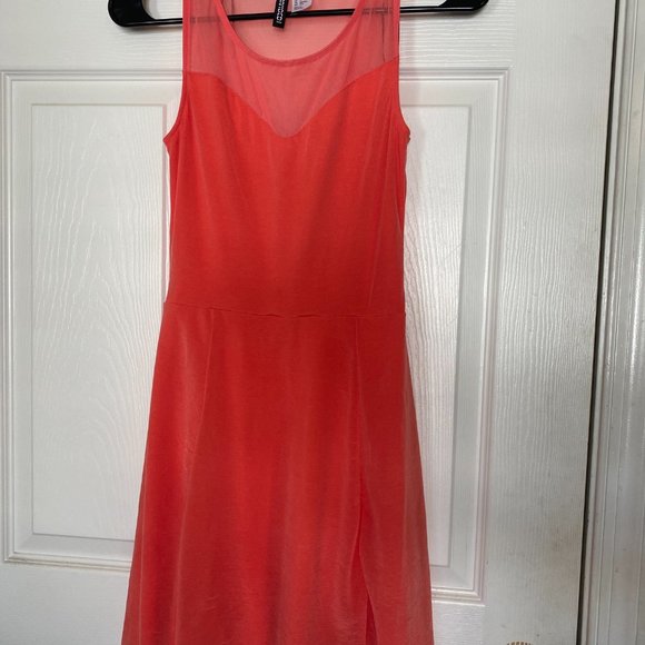 Coral Fit and Flare Dress with Mesh Neckline - Picture 4 of 4
